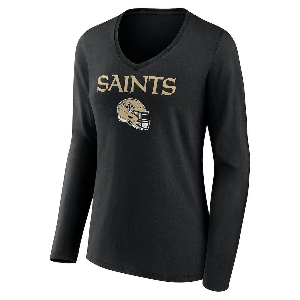 New Orleans Saints Women's Personalized Name & Number Team Wordmark Long Sleeve V-Neck T-Shirt Black