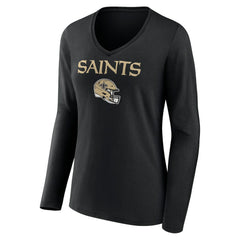 New Orleans Saints Women's Personalized Name & Number Team Wordmark Long Sleeve V-Neck T-Shirt Black
