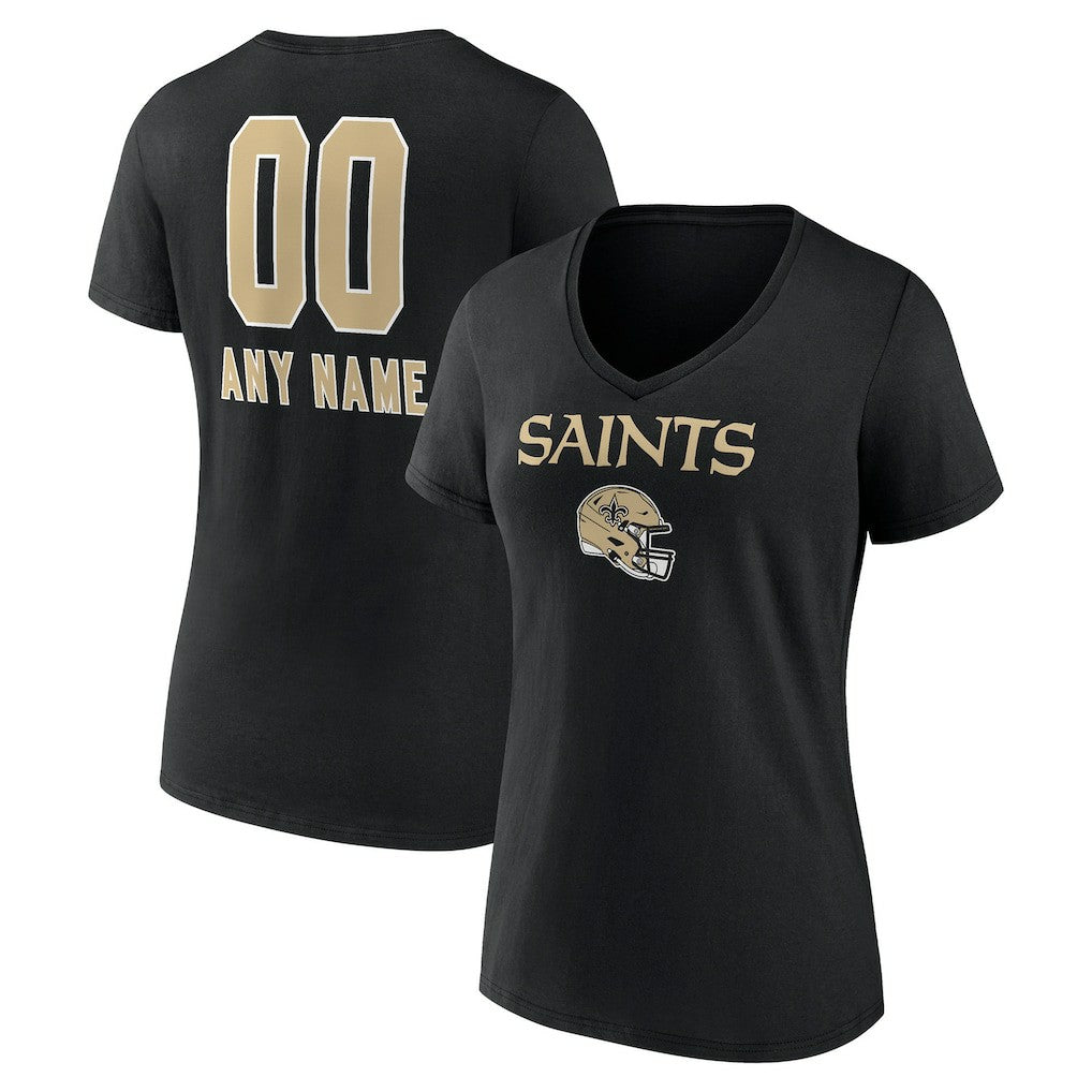 New Orleans Saints Women's Personalized Name & Number Team Wordmark V-Neck T-Shirt Black