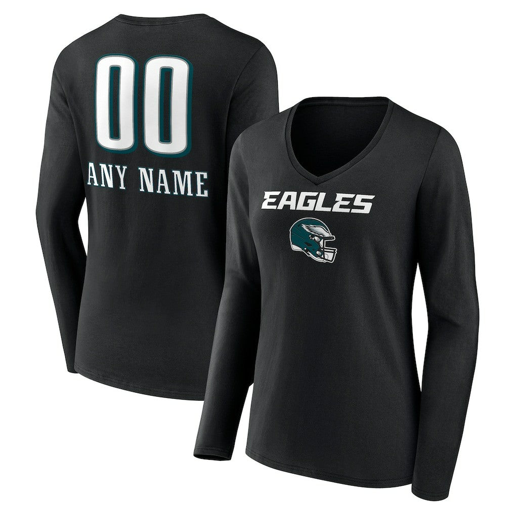 Philadelphia Eagles Women's Personalized Name & Number Team Wordmark Long Sleeve V-Neck T-Shirt Black