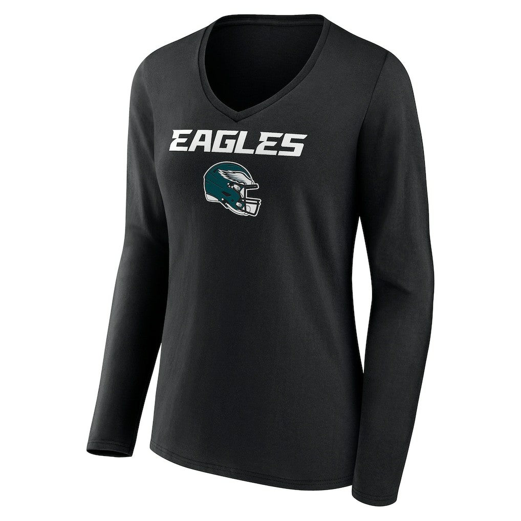 Philadelphia Eagles Women's Personalized Name & Number Team Wordmark Long Sleeve V-Neck T-Shirt Black