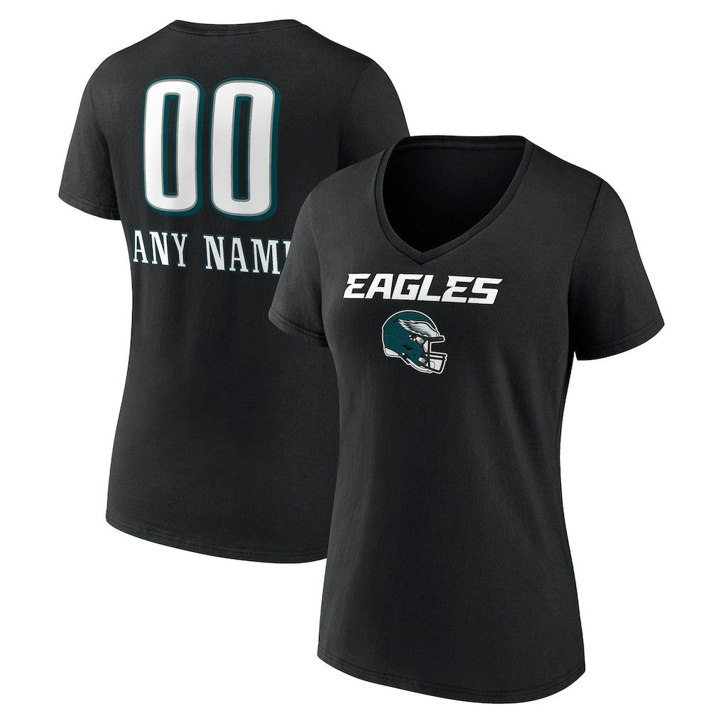 Philadelphia Eagles Women's Personalized Name & Number Team Wordmark V-Neck T-Shirt Black