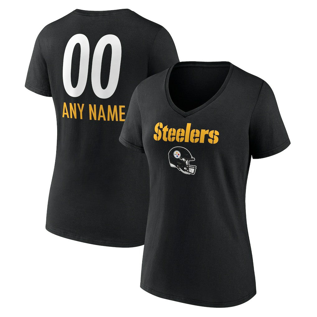 Pittsburgh Steelers Women's Personalized Name & Number Team Wordmark V-Neck T-Shirt Black