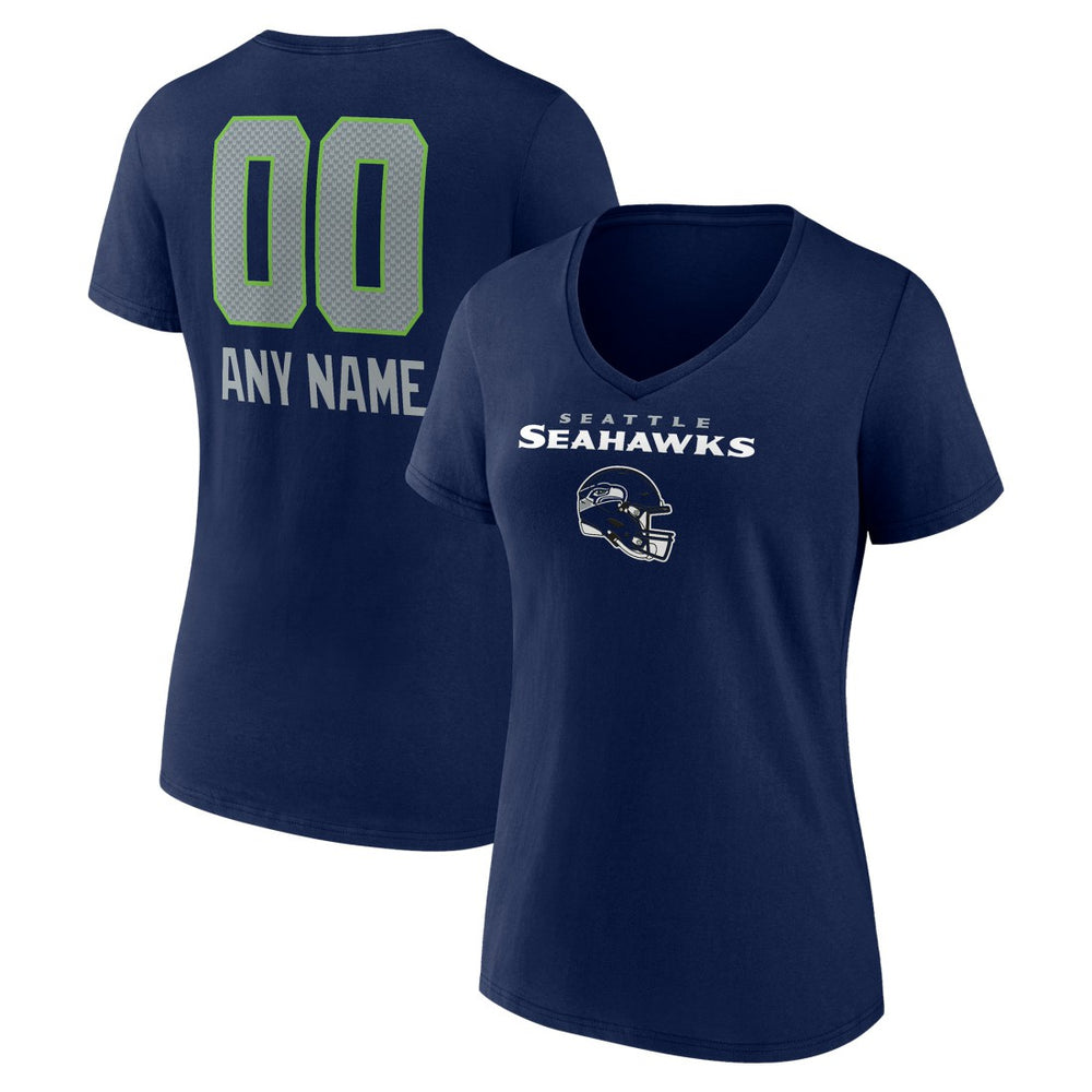 Seattle Seahawks Women's Personalized Name & Number Team Wordmark V-Neck T-Shirt College Navy