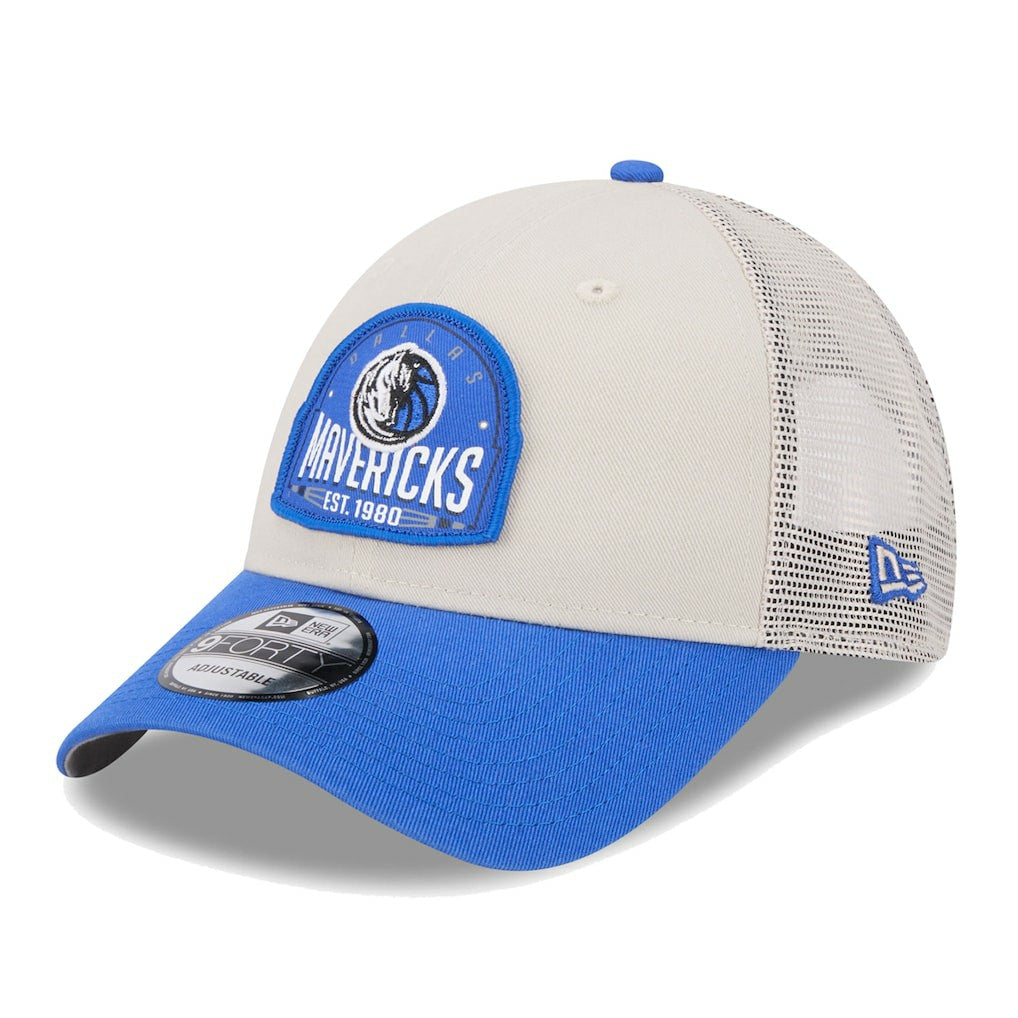 Dallas Mavericks Throwback Patch Trucker 9FORTY Adjustable Hat Khaki/Blue