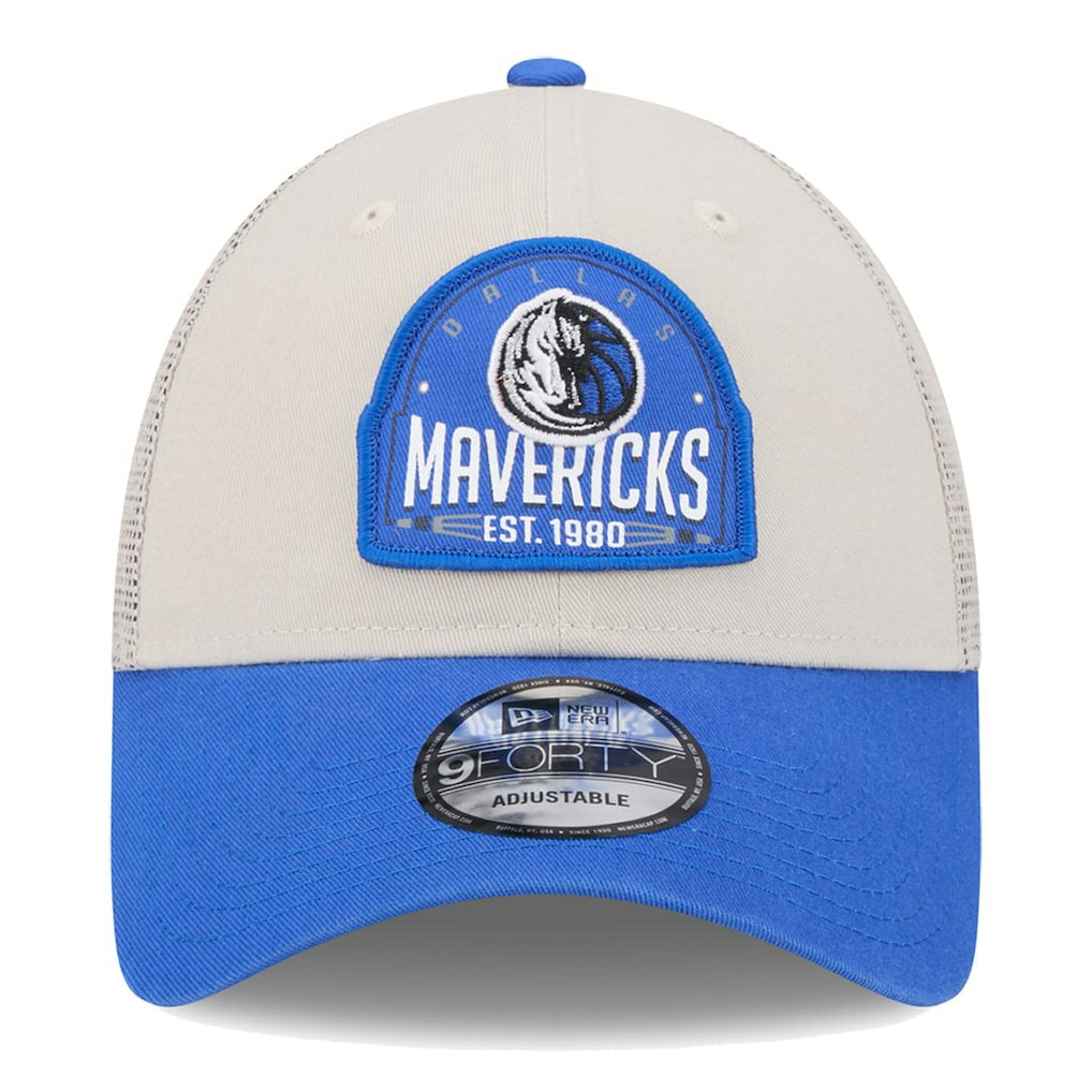 Dallas Mavericks Throwback Patch Trucker 9FORTY Adjustable Hat Khaki/Blue