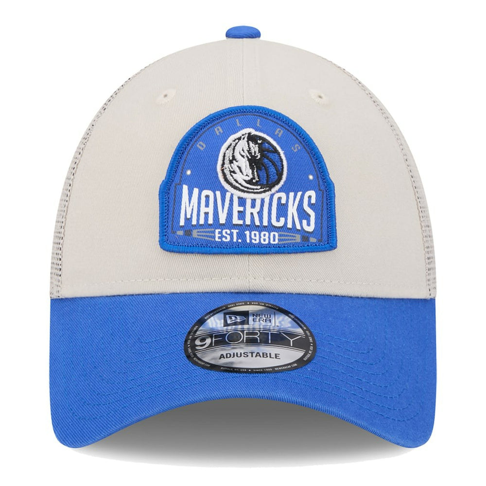 Dallas Mavericks Throwback Patch Trucker 9FORTY Adjustable Hat Khaki/Blue