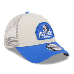 Dallas Mavericks Throwback Patch Trucker 9FORTY Adjustable Hat Khaki/Blue