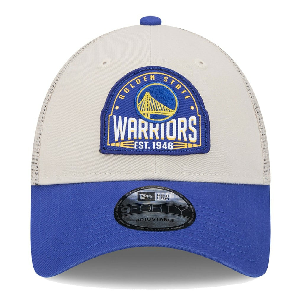 Golden State Warriors Throwback Patch Trucker 9FORTY Adjustable Hat Khaki/Royal