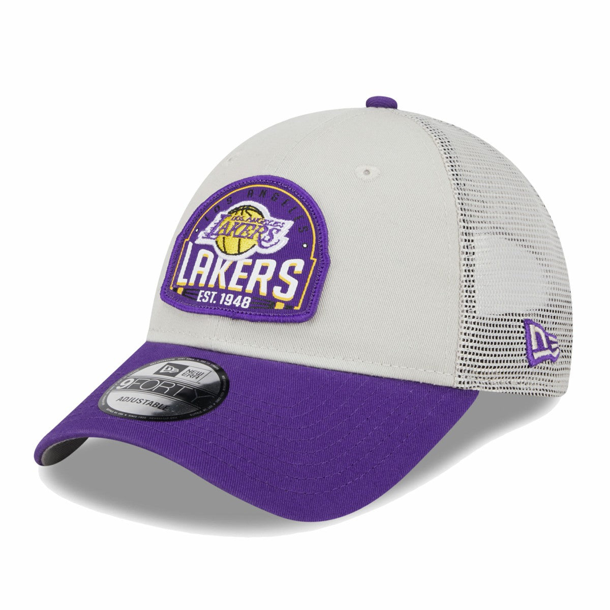 Los Angeles Lakers Throwback Patch Trucker 9FORTY Adjustable Hat Khaki/Purple