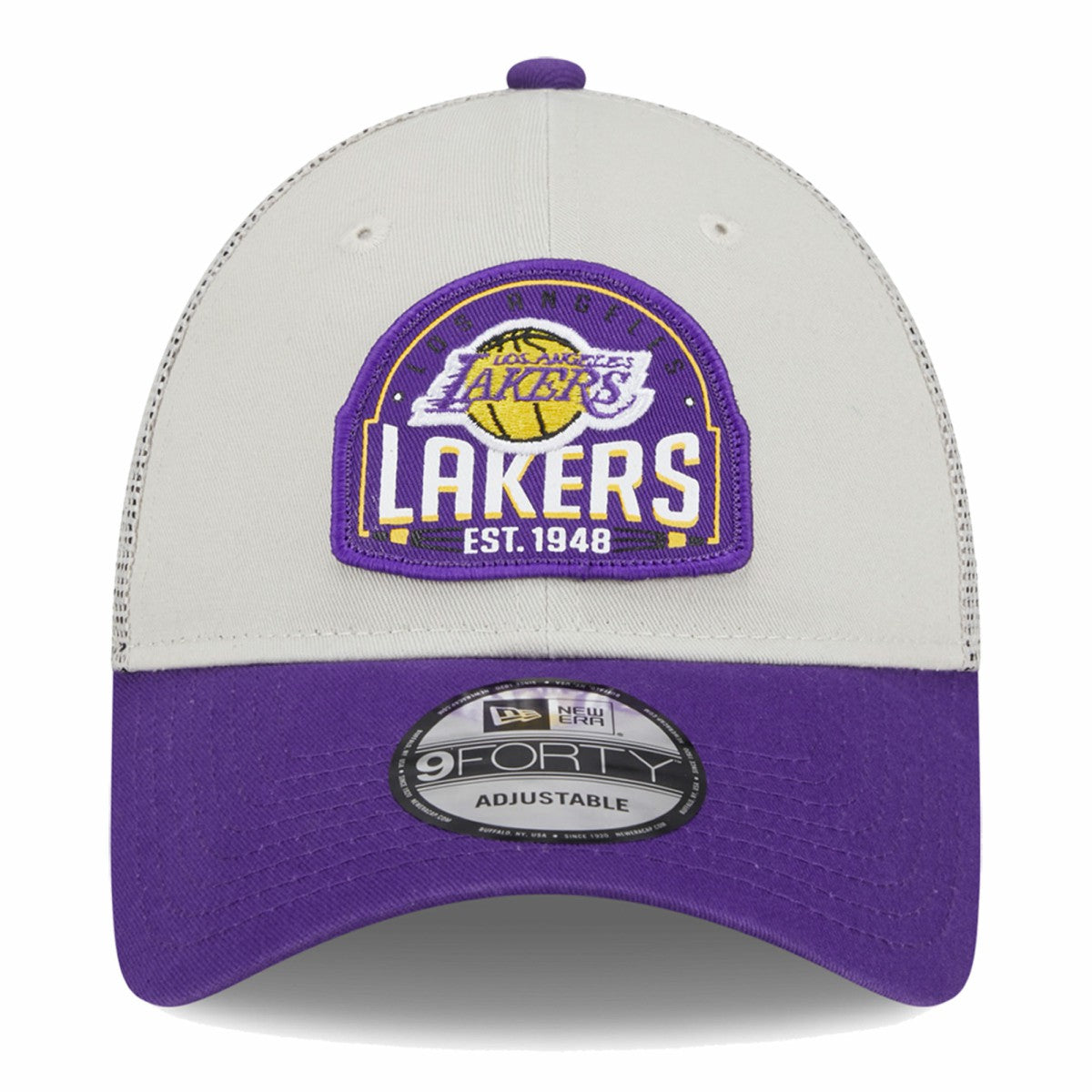 Los Angeles Lakers Throwback Patch Trucker 9FORTY Adjustable Hat Khaki/Purple