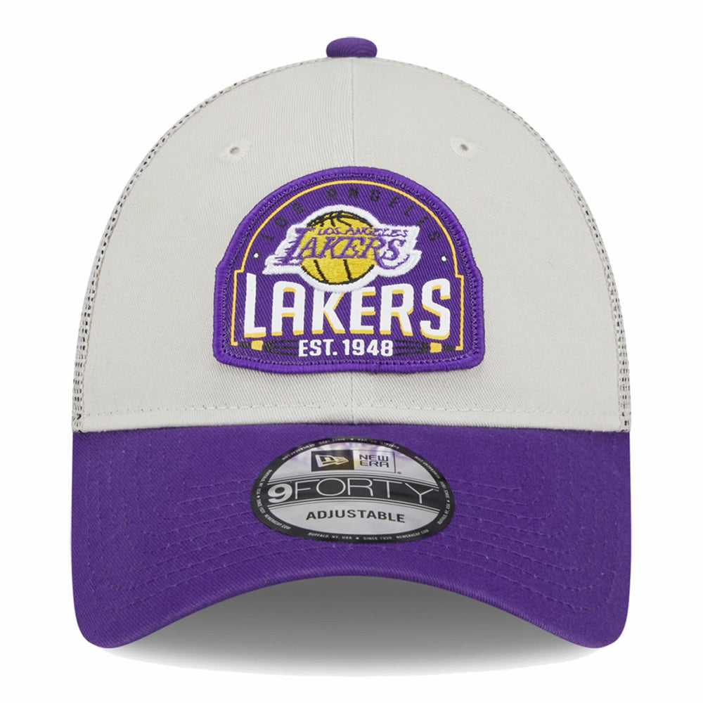 Los Angeles Lakers Throwback Patch Trucker 9FORTY Adjustable Hat Khaki/Purple