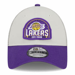 Los Angeles Lakers Throwback Patch Trucker 9FORTY Adjustable Hat Khaki/Purple