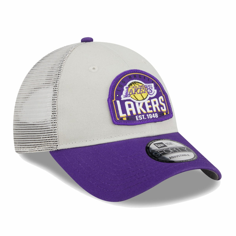 Los Angeles Lakers Throwback Patch Trucker 9FORTY Adjustable Hat Khaki/Purple