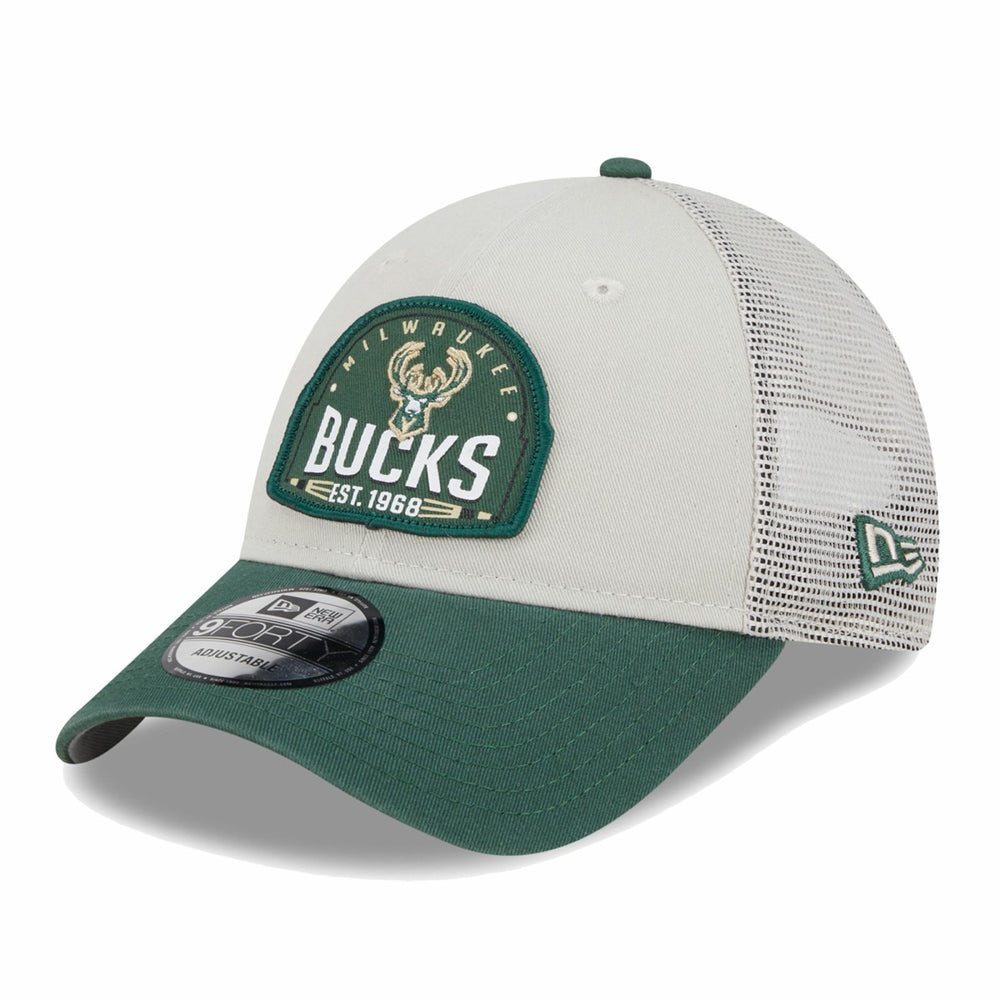 Milwaukee Bucks Throwback Patch Trucker 9FORTY Adjustable Hat Khaki/Hunter Green