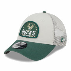 Milwaukee Bucks Throwback Patch Trucker 9FORTY Adjustable Hat Khaki/Hunter Green
