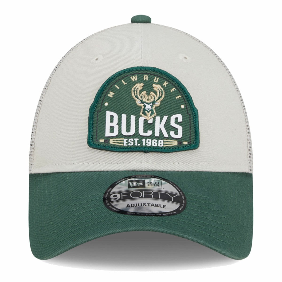 Milwaukee Bucks Throwback Patch Trucker 9FORTY Adjustable Hat Khaki/Hunter Green