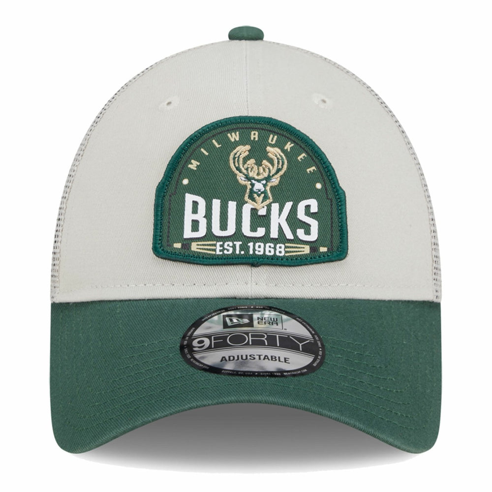 Milwaukee Bucks Throwback Patch Trucker 9FORTY Adjustable Hat Khaki/Hunter Green