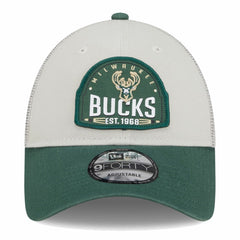 Milwaukee Bucks Throwback Patch Trucker 9FORTY Adjustable Hat Khaki/Hunter Green