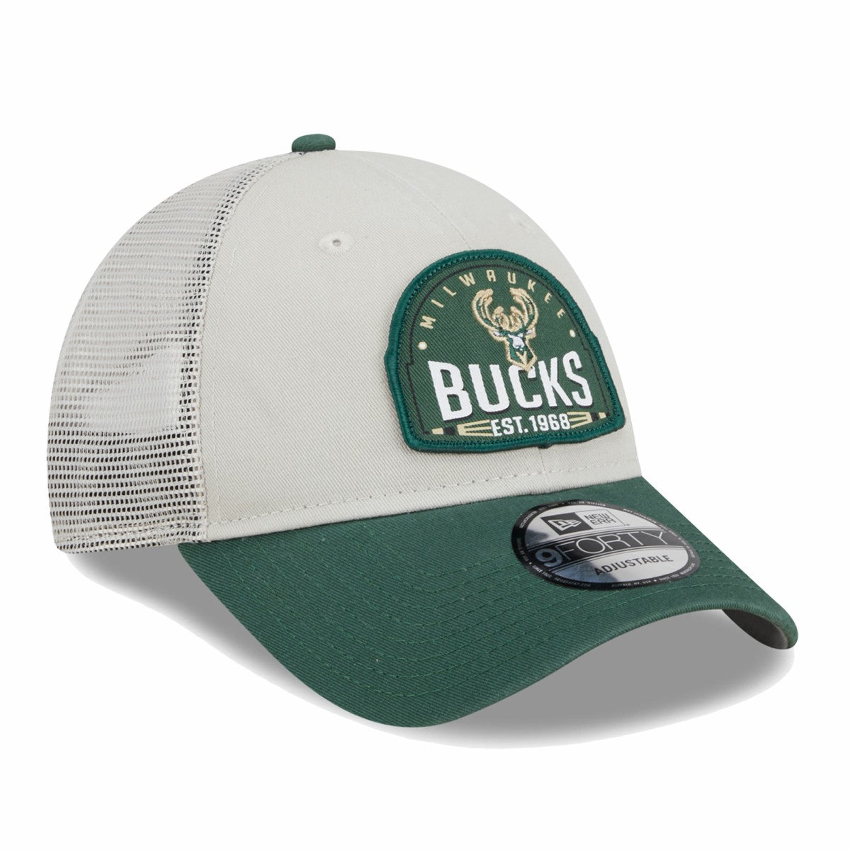 Milwaukee Bucks Throwback Patch Trucker 9FORTY Adjustable Hat Khaki/Hunter Green