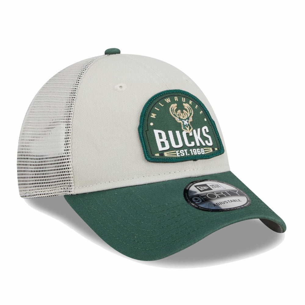 Milwaukee Bucks Throwback Patch Trucker 9FORTY Adjustable Hat Khaki/Hunter Green