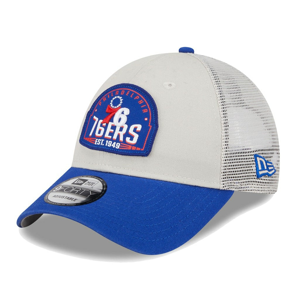 Philadelphia 76ers Throwback Patch Trucker 9FORTY Adjustable Hat Khaki/Royal