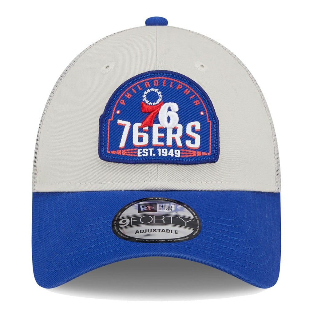 Philadelphia 76ers Throwback Patch Trucker 9FORTY Adjustable Hat Khaki/Royal