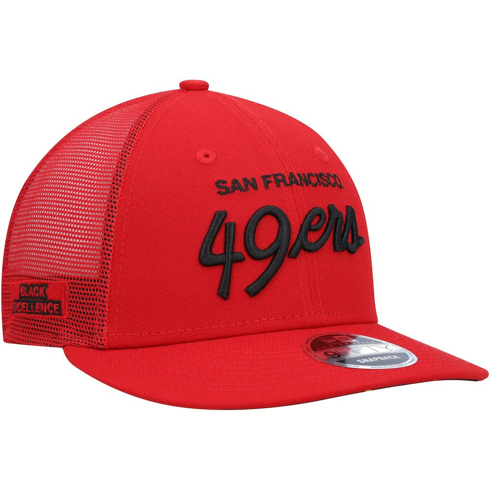 San Francisco 49ers New Era Black Excellence Collection Wordmark Trucker Low Profile 9FIFTY Snapback Hat Scarlet
