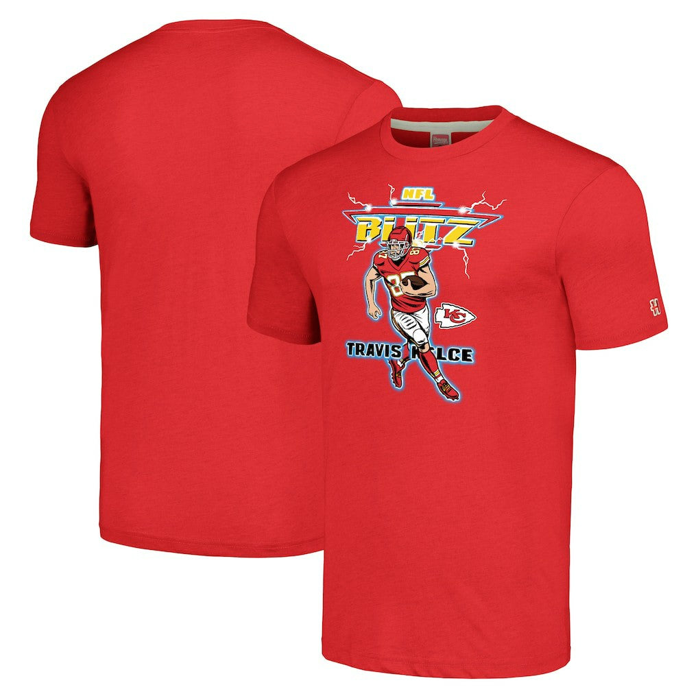 Travis Kelce Kansas City Chiefs Homage Unisex NFL Blitz Player Tri-Blend T-Shirt Heathered Red
