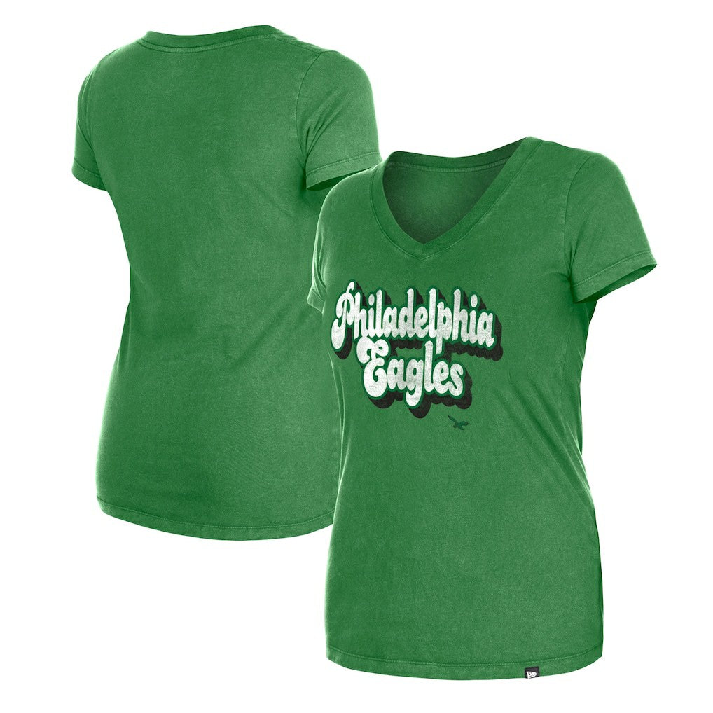 Philadelphia Eagles New Era Women's Enzyme Wash Low V-Neck T-Shirt Green