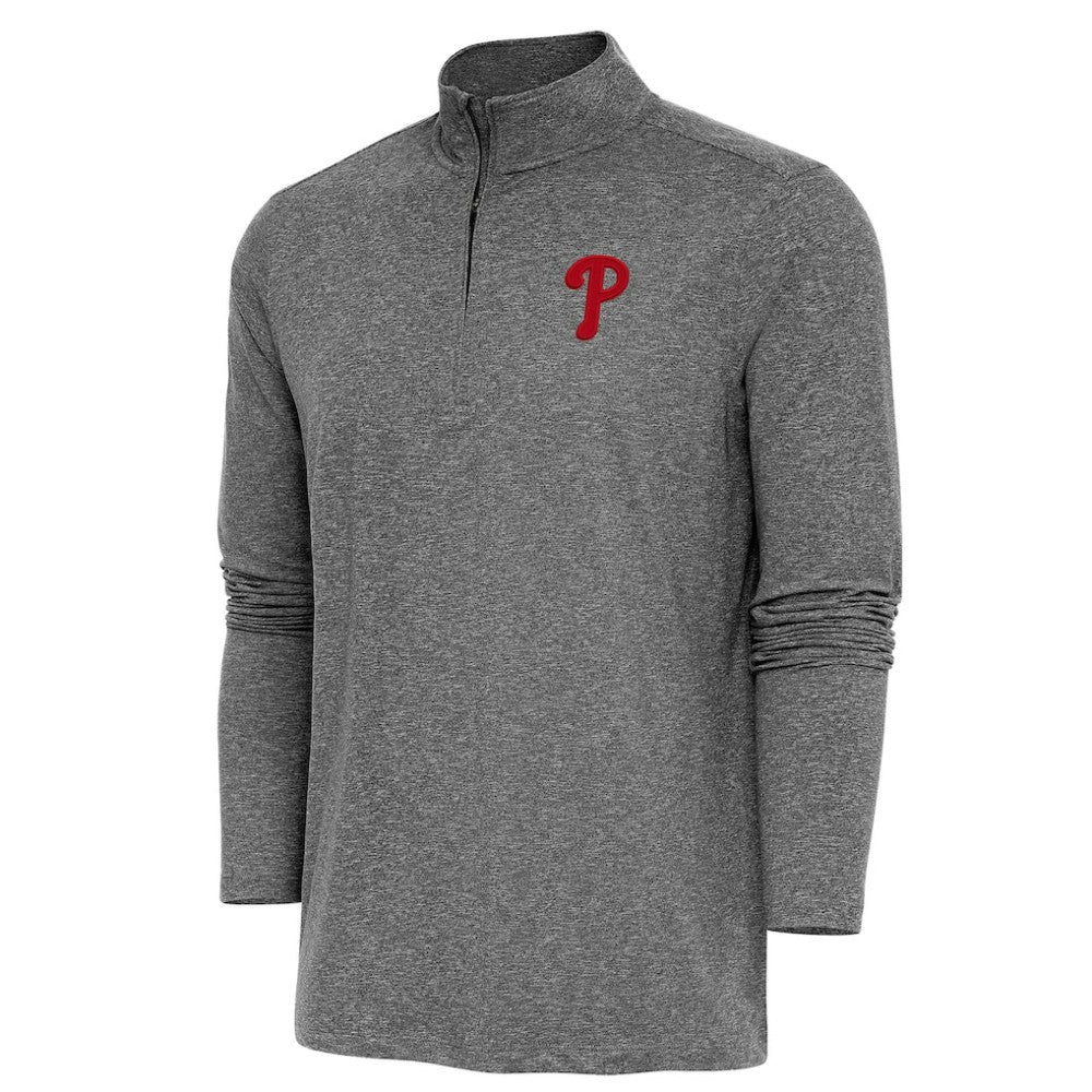 Philadelphia Phillies Antigua Hunk Quarter-Zip Pullover Top - Heather Black Pullover
