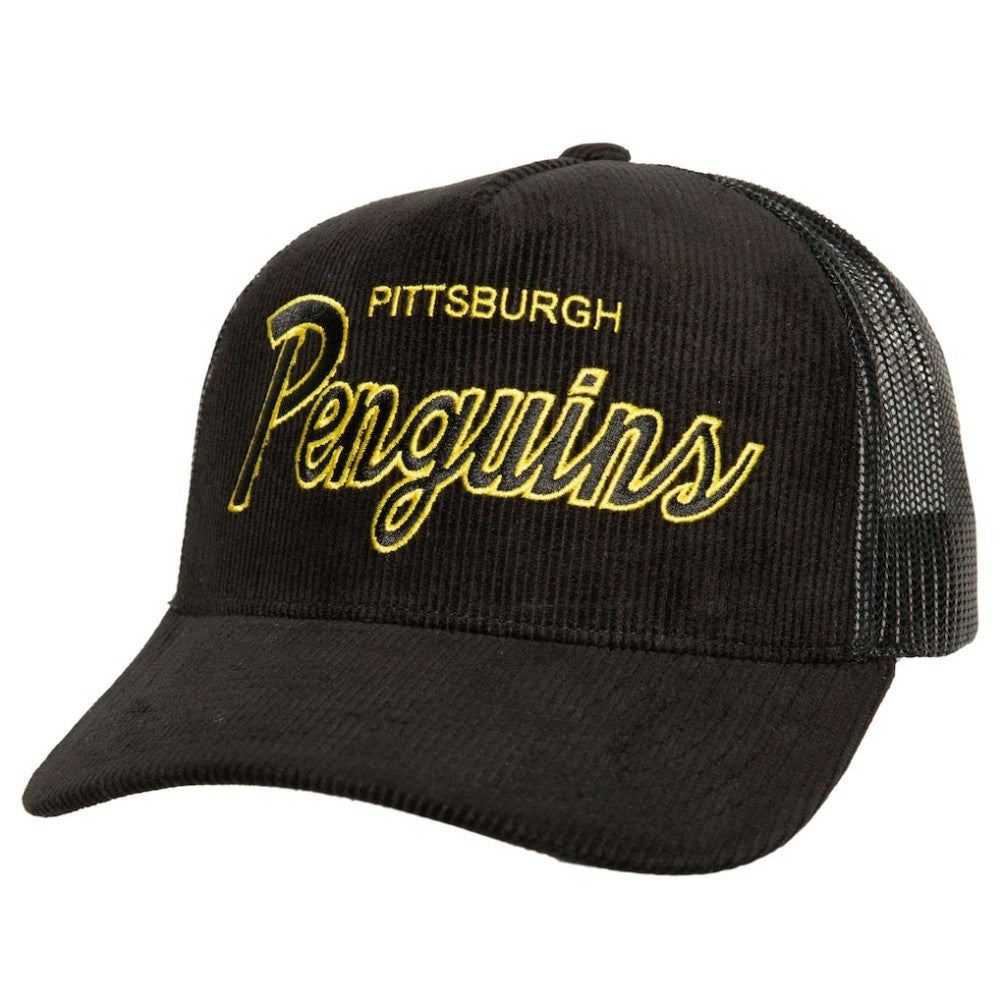 NHL Pittsburgh Penguins Mitchell & Ness Times Up Classic Script Cord Trucker Adjustable Hat - Black