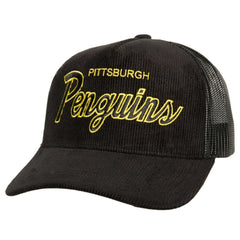 NHL Pittsburgh Penguins Mitchell & Ness Times Up Classic Script Cord Trucker Adjustable Hat - Black