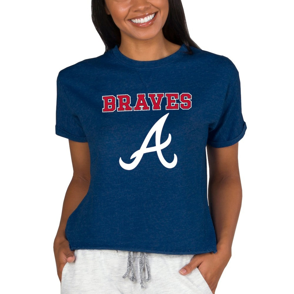 Atlanta Braves Concepts Sport Women's Tri-Blend Mainstream Terry Short Sleeve Sweatshirt Top - Navy Sweatshirts