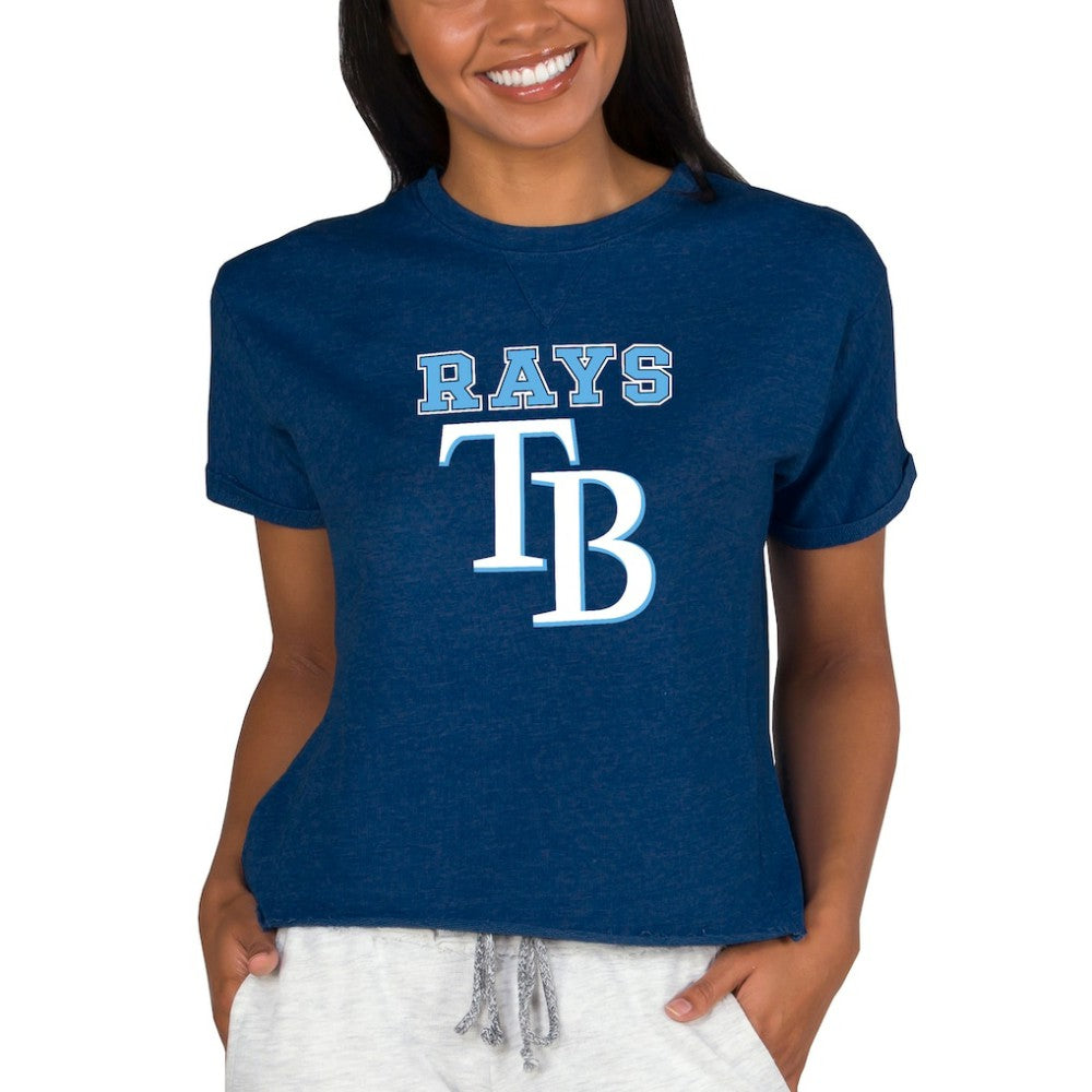 Tampa Bay Rays Concepts Sport Women's Tri-Blend Mainstream Terry Short Sleeve Sweatshirt Top - Navy Sweatshirts