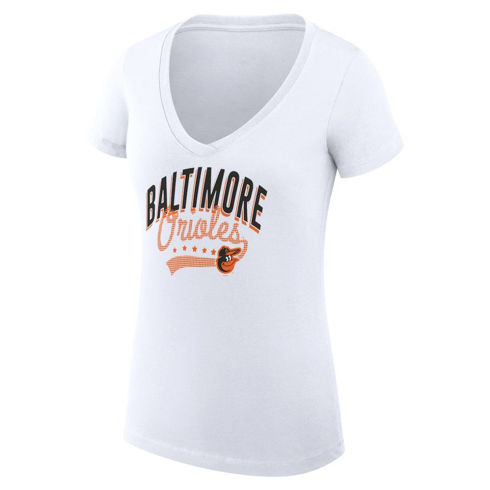 Baltimore Orioles G-III 4Her by Carl Banks Women's Super-Slim Fit Lightweight Filigree Team V-Neck T-Shirt - White T-shirts