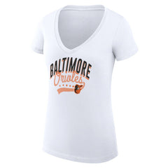 Baltimore Orioles G-III 4Her by Carl Banks Women's Super-Slim Fit Lightweight Filigree Team V-Neck T-Shirt - White T-shirts