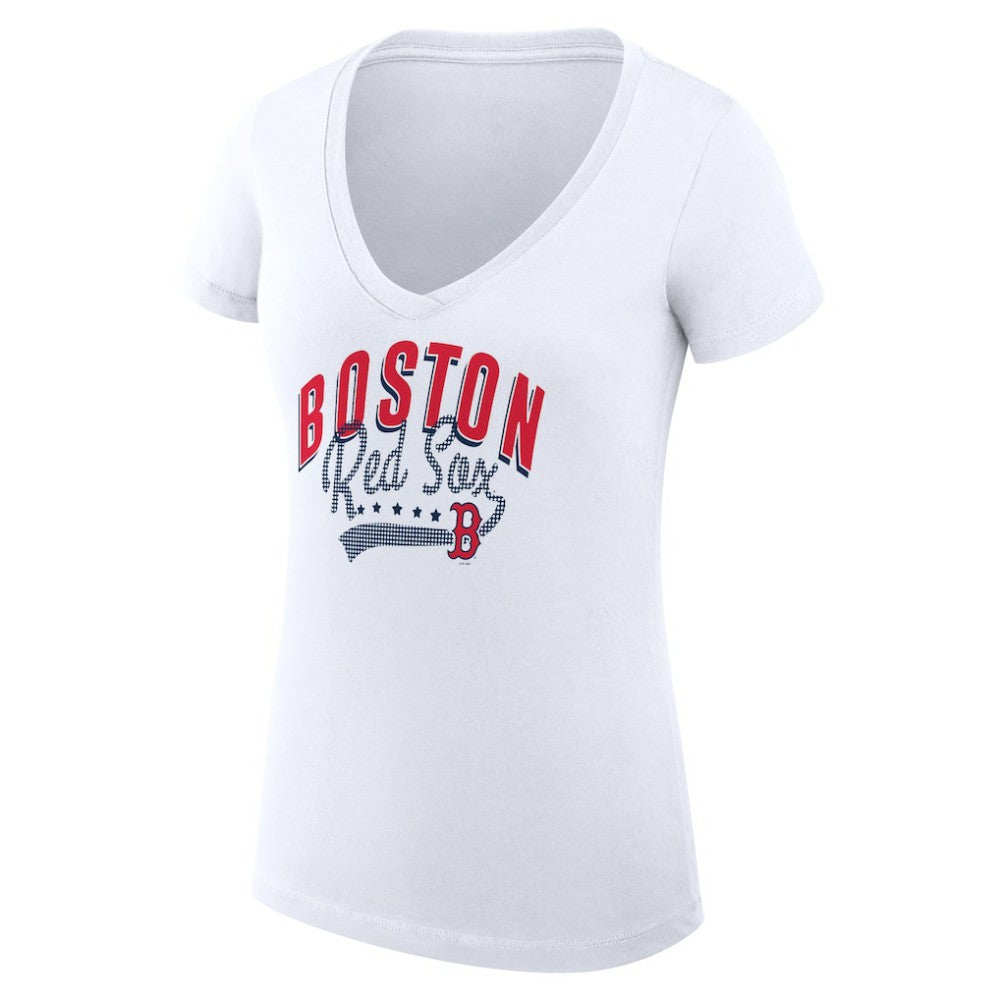 Boston Red Sox G-III 4Her by Carl Banks Women's Super-Slim Fit Lightweight Filigree Team V-Neck T-Shirt - White T-shirts