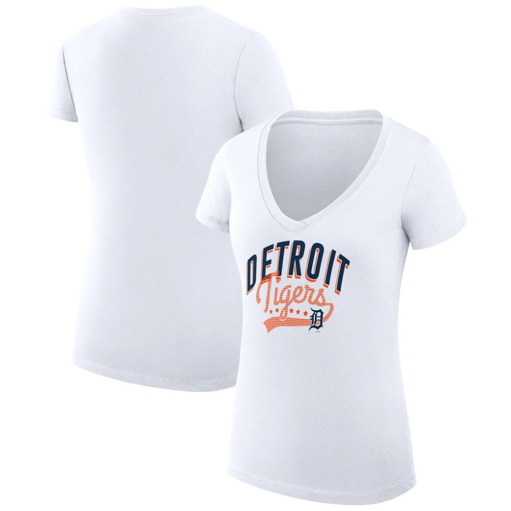 Detroit Tigers G-III 4Her by Carl Banks Women's Super-Slim Fit Lightweight Filigree Team V-Neck T-Shirt - White T-shirts