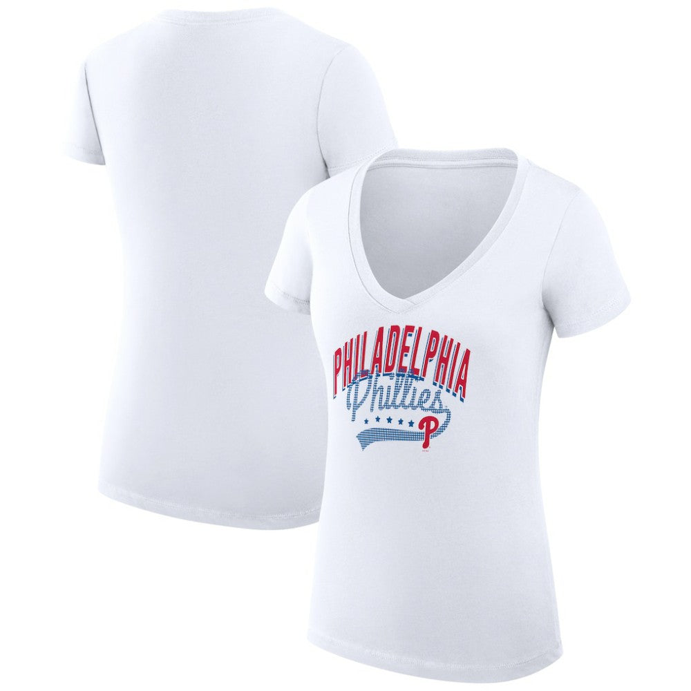 Philadelphia Phillies G-III 4Her by Carl Banks Women's Super-Slim Fit Lightweight Filigree Team V-Neck T-Shirt - White T-shirts