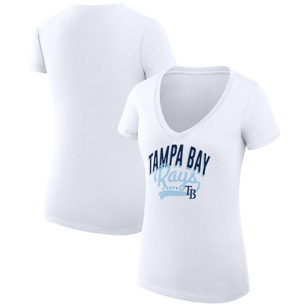 Tampa Bay Rays G-III 4Her by Carl Banks Women's Super-Slim Fit Lightweight Filigree Team V-Neck T-Shirt - White T-shirts