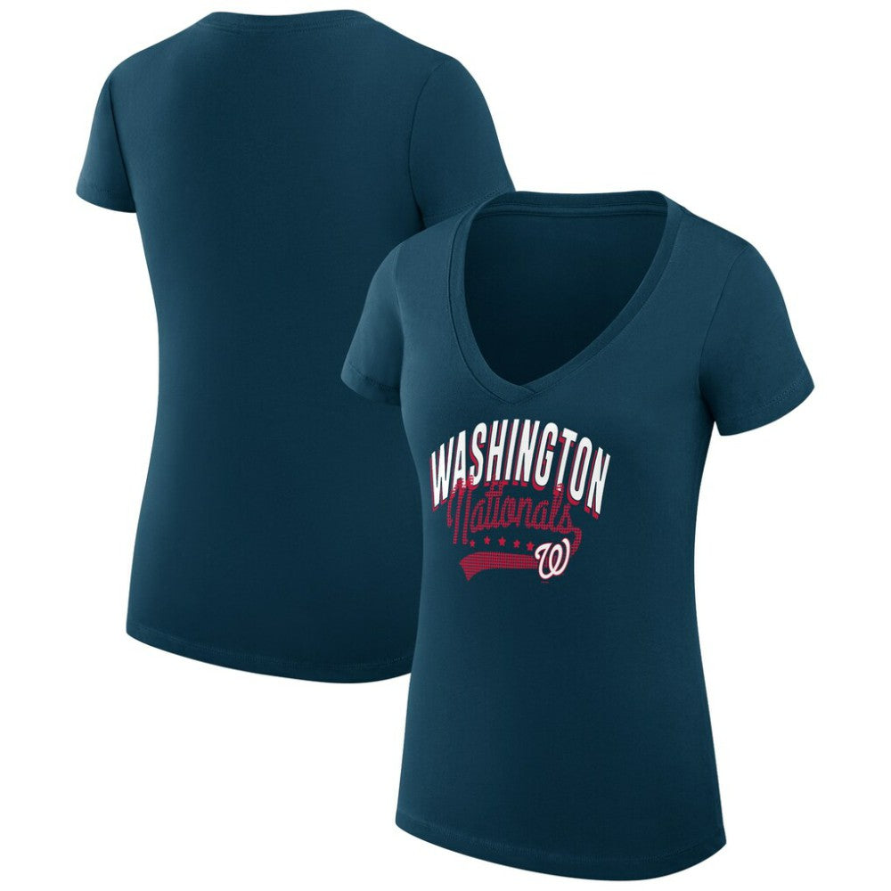 Washington Nationals G-III 4Her by Carl Banks Women's Super-Slim Fit Lightweight Filigree Team V-Neck T-Shirt - Navy T-shirts