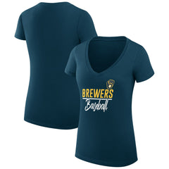 Milwaukee Brewers G-III 4Her by Carl Banks Women's Super-Slim Fit Lightweight Team Graphic V-Neck T-Shirt - Navy T-shirts