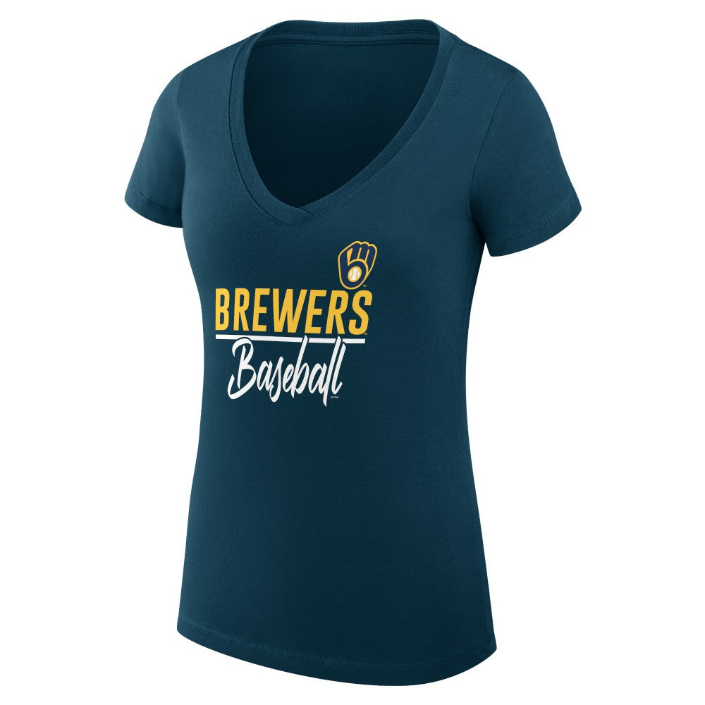 Milwaukee Brewers G-III 4Her by Carl Banks Women's Super-Slim Fit Lightweight Team Graphic V-Neck T-Shirt - Navy T-shirts