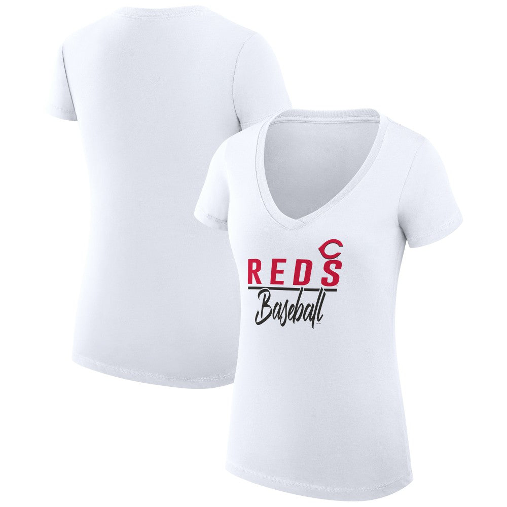 Cincinnati Reds G-III 4Her by Carl Banks Women's Super-Slim Fit Lightweight Team Graphic V-Neck T-Shirt - White T-shirts