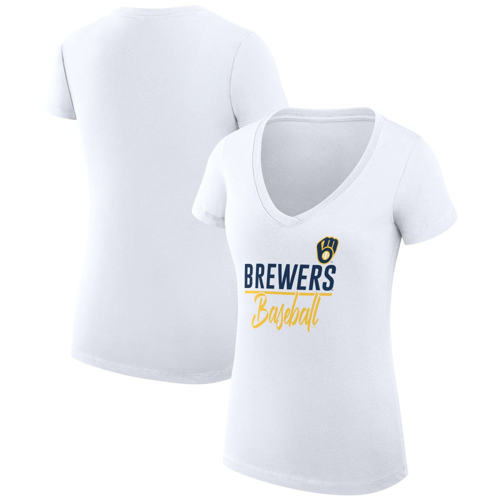 Milwaukee Brewers G-III 4Her by Carl Banks Women's Super-Slim Fit Lightweight Team Graphic V-Neck T-Shirt - White T-shirts