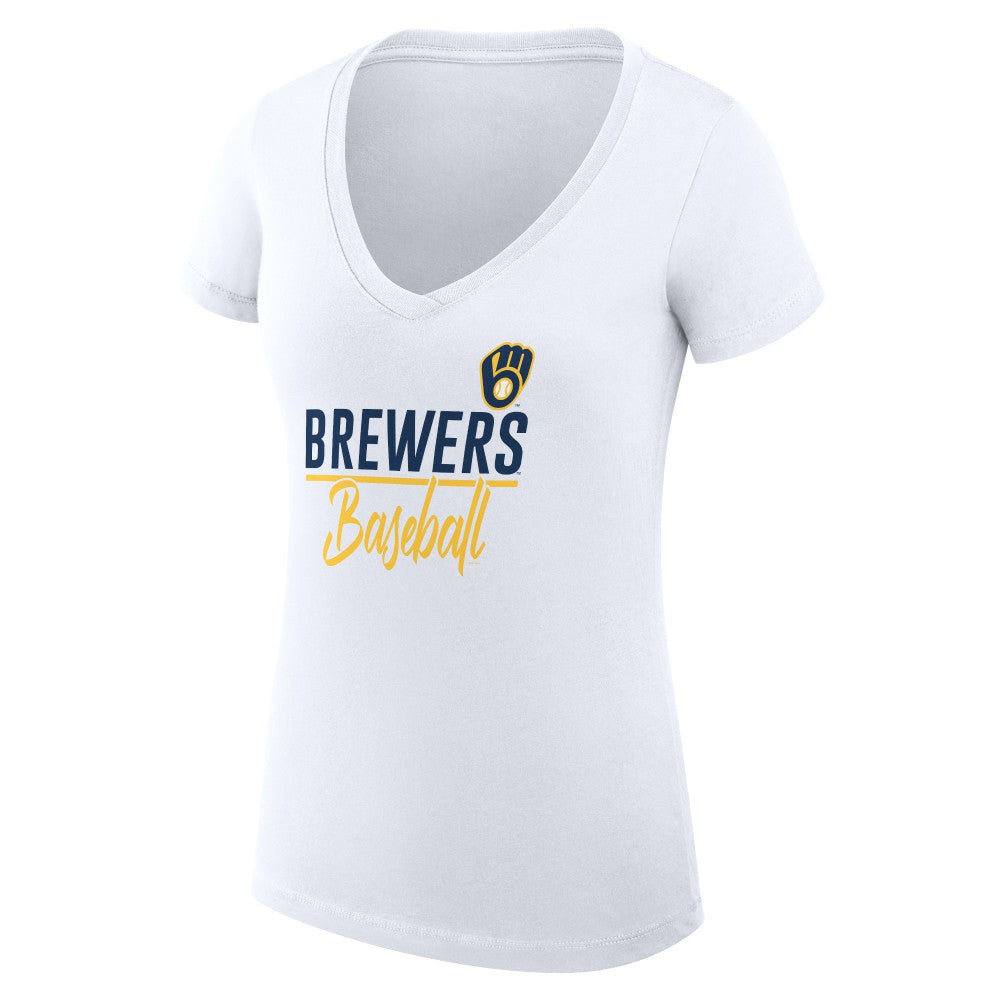Milwaukee Brewers G-III 4Her by Carl Banks Women's Super-Slim Fit Lightweight Team Graphic V-Neck T-Shirt - White T-shirts