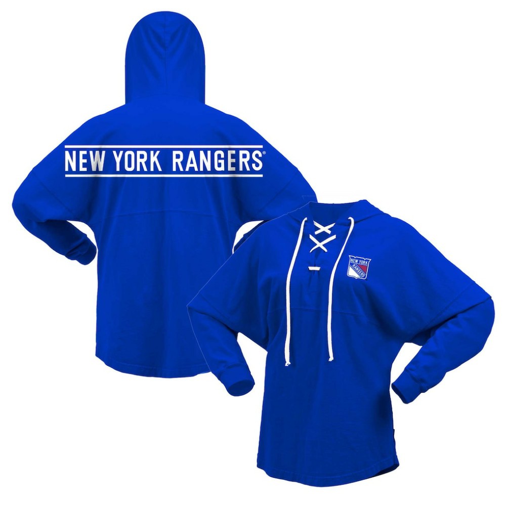 NHL New York Rangers Fanatics Women's Jersey Lace-Up V-Neck Long Sleeve Hoodie T-Shirt - Blue