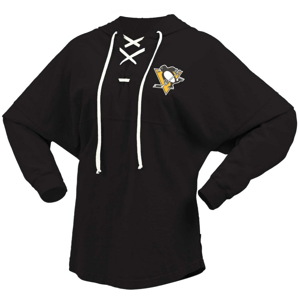 NHL Pittsburgh Penguins Fanatics Women's Jersey Lace-Up V-Neck Long Sleeve Hoodie T-Shirt - Black