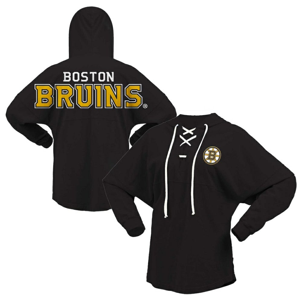 NHL Boston Bruins Fanatics Women's Jersey Lace-Up V-Neck Long Sleeve Hoodie T-Shirt - Black